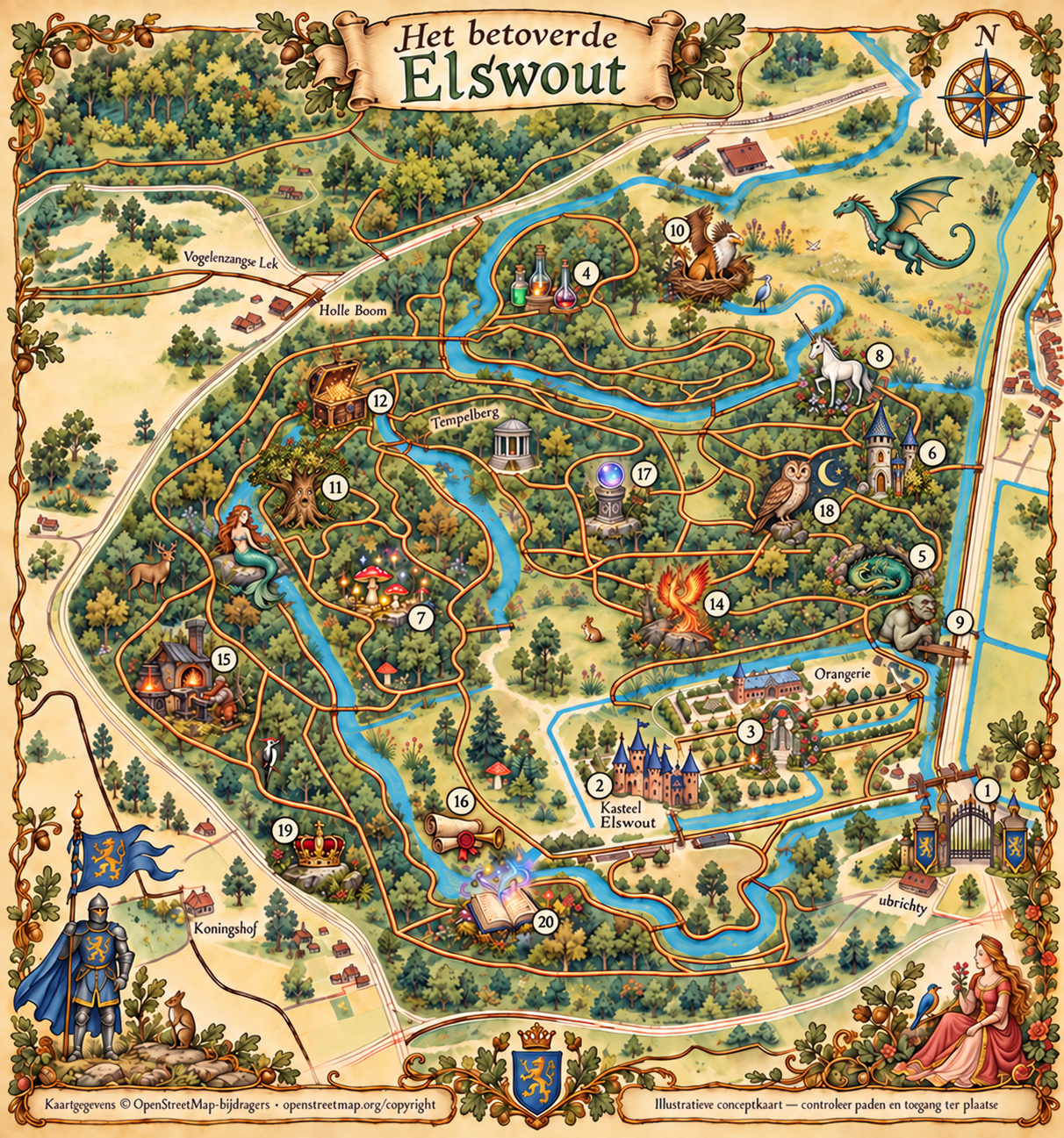 Illustratieve fantasiekaart van Elswout met kastelen en draken